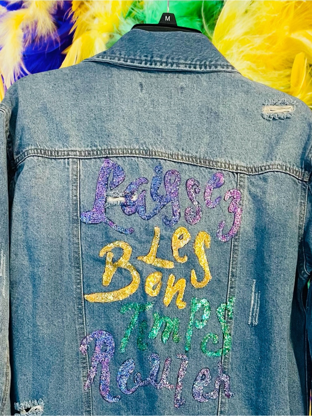NWOT Black Label C’Est Toi Mardi Gras Distressed Denim Jacket Size Small
